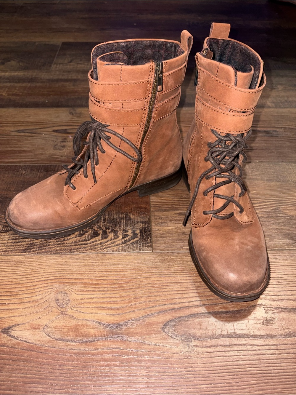 BORN Camryn Women’s 8.5 M Brown Leather Combat Boots Lace Up Zip Buckle